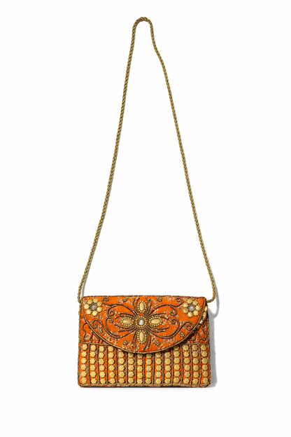 orange embroidered indian mini clutch