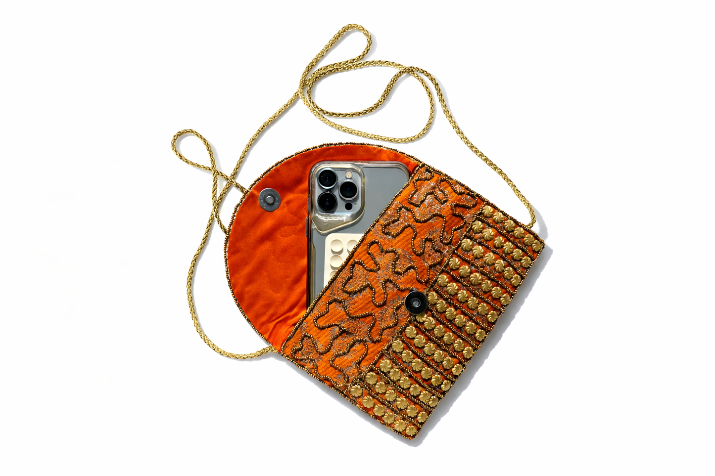 orange embroidered indian mini clutch