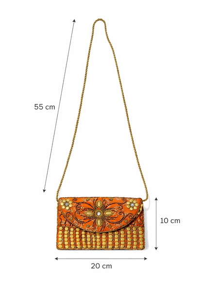 orange embroidered indian mini clutch