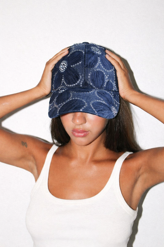 floral seqin denim cap - dark blue