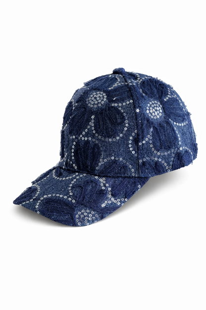 floral seqin denim cap - dark blue