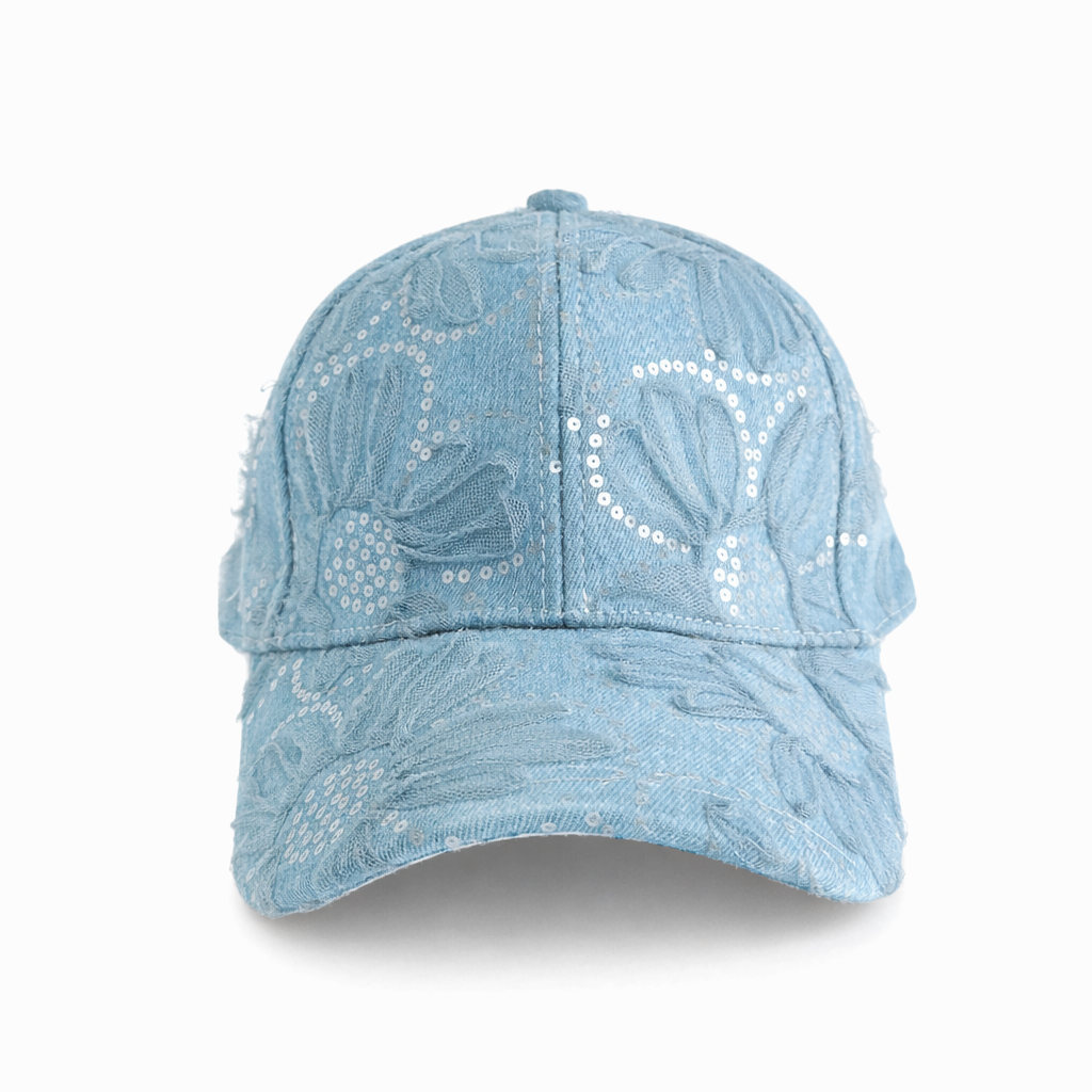 floral seqin denim cap - sky blue
