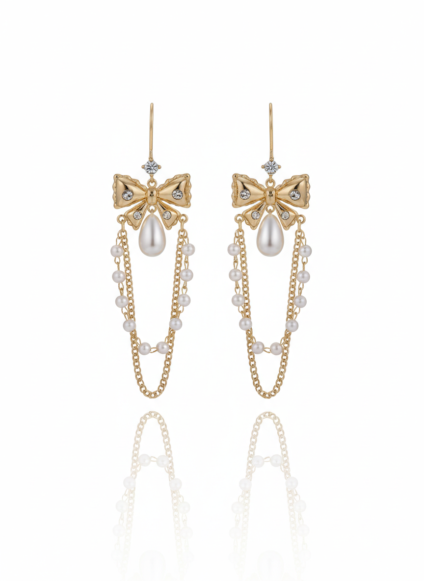 golden coquette bow & pearl drop earrings