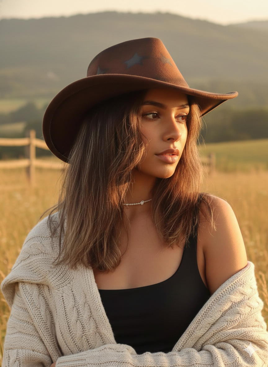 Unisex Coffee Brown Cowboy Hat with Star Print