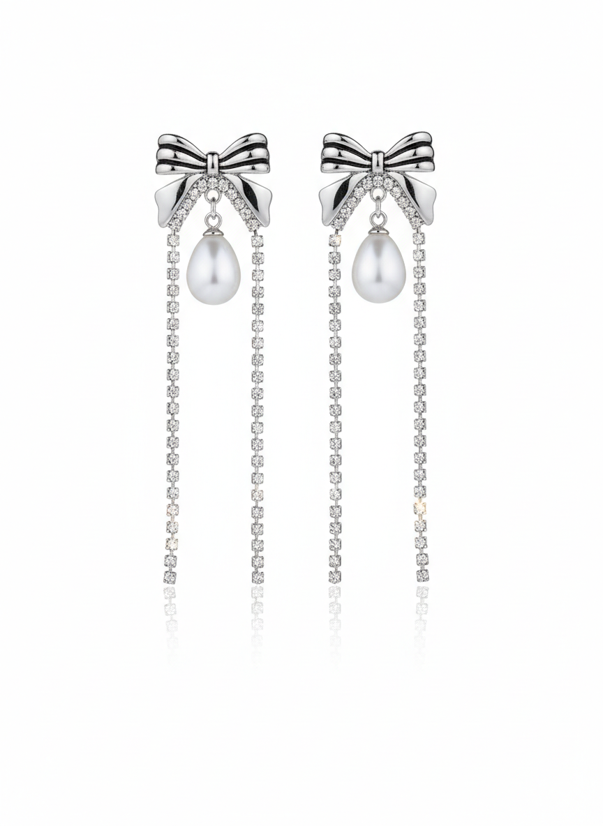 silver pearl drop bow earrings