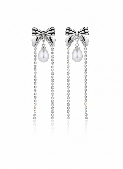 silver pearl drop bow earrings
