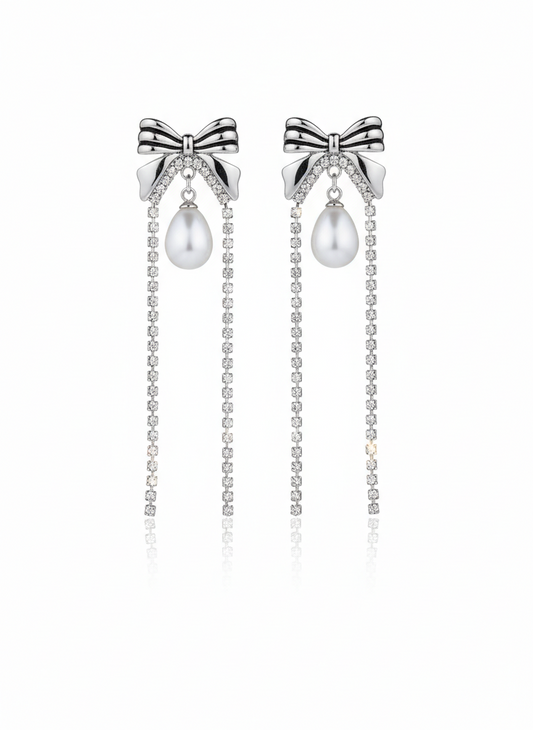 silver pearl drop bow earrings