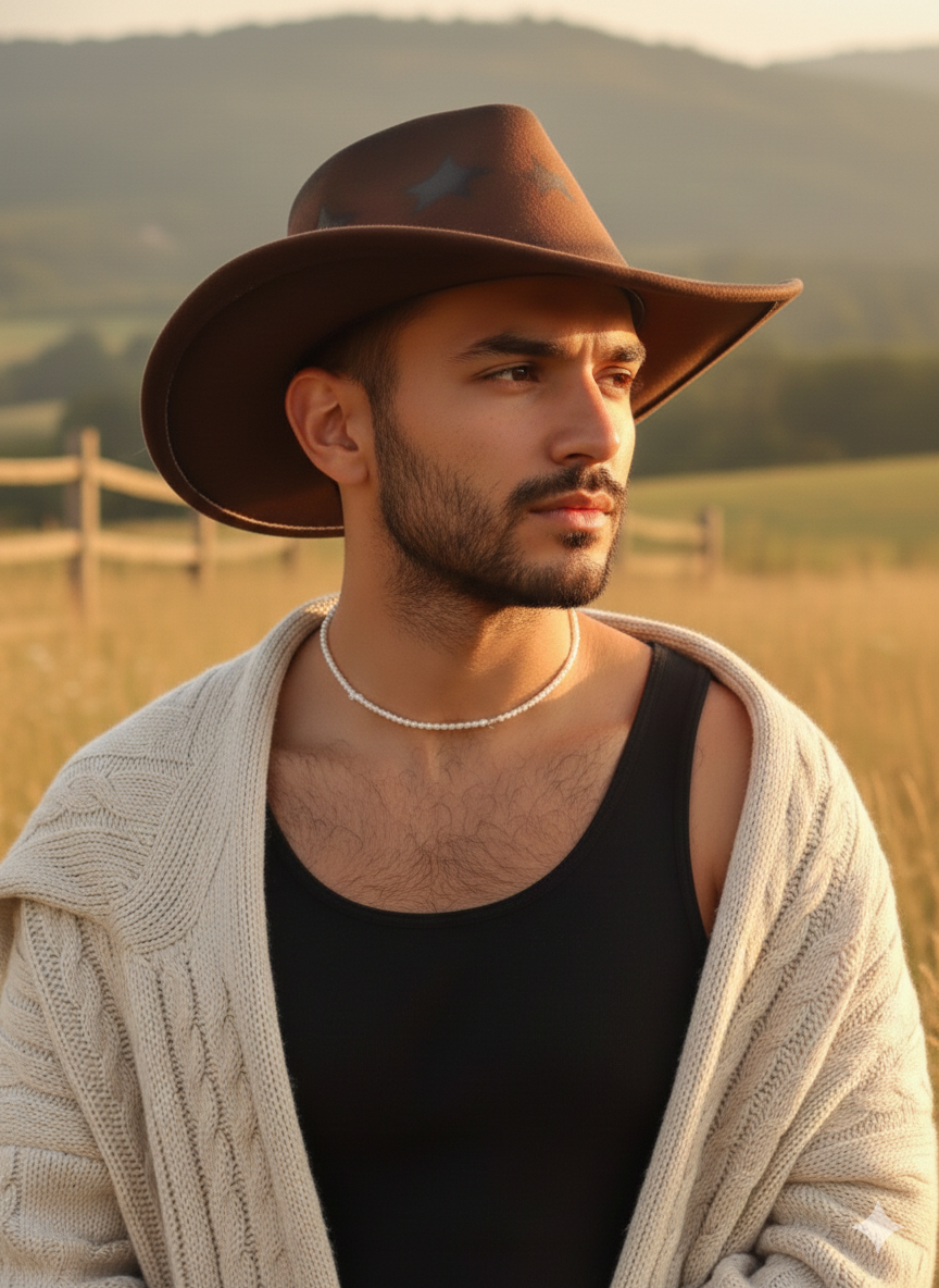 Unisex Coffee Brown Cowboy Hat with Star Print