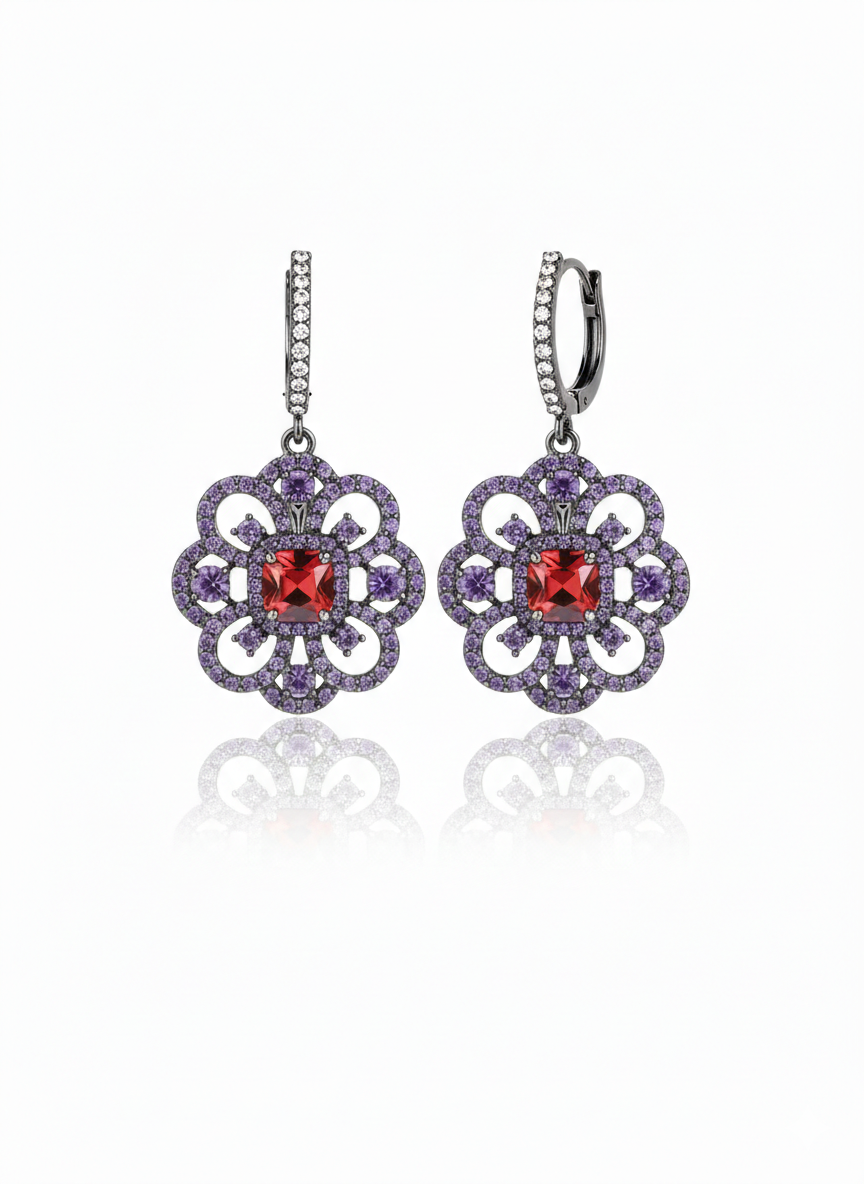 royal amethyst & ruby floral drop earrings