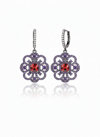 royal amethyst & ruby floral drop earrings