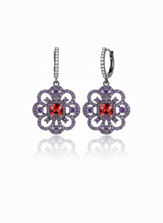 royal amethyst & ruby floral drop earrings