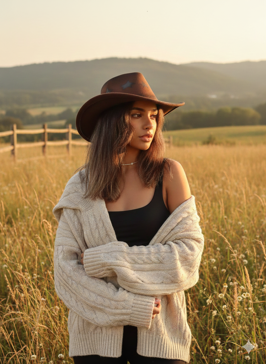 Unisex Coffee Brown Cowboy Hat with Star Print
