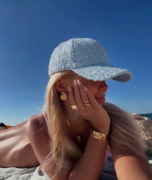 shimmering shredded denim cap - sky blue