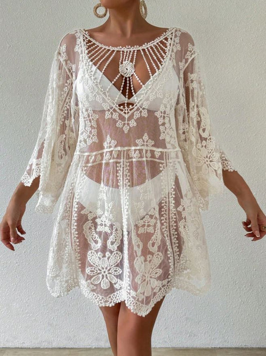 floral embroidery mesh cover-up