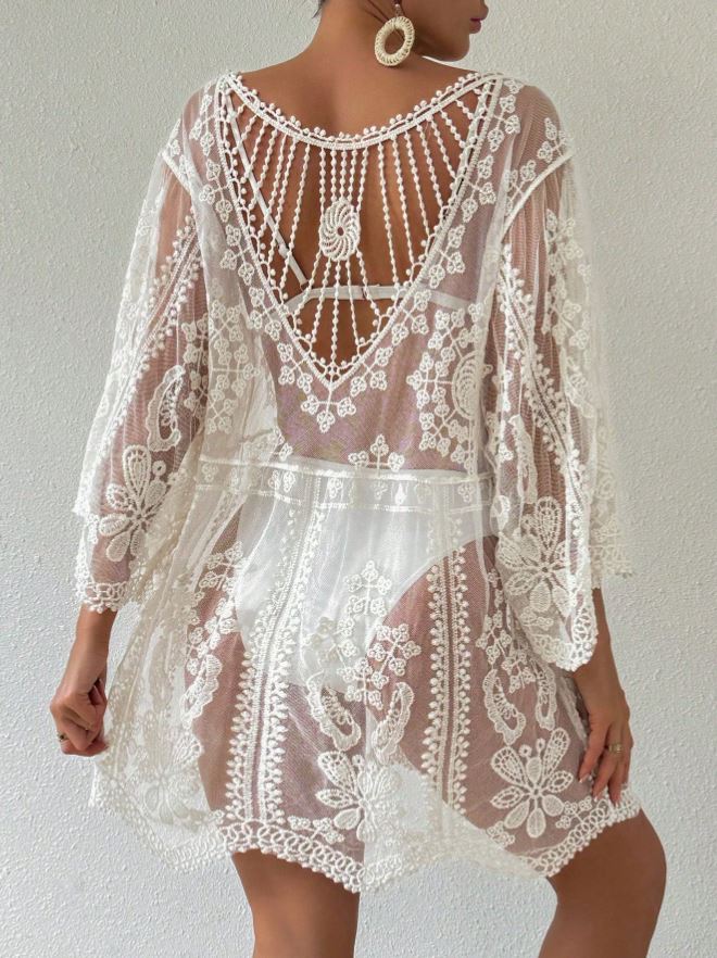 floral embroidery mesh cover-up