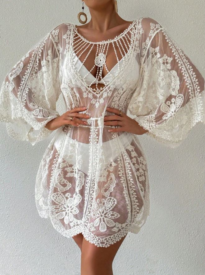 floral embroidery mesh cover-up