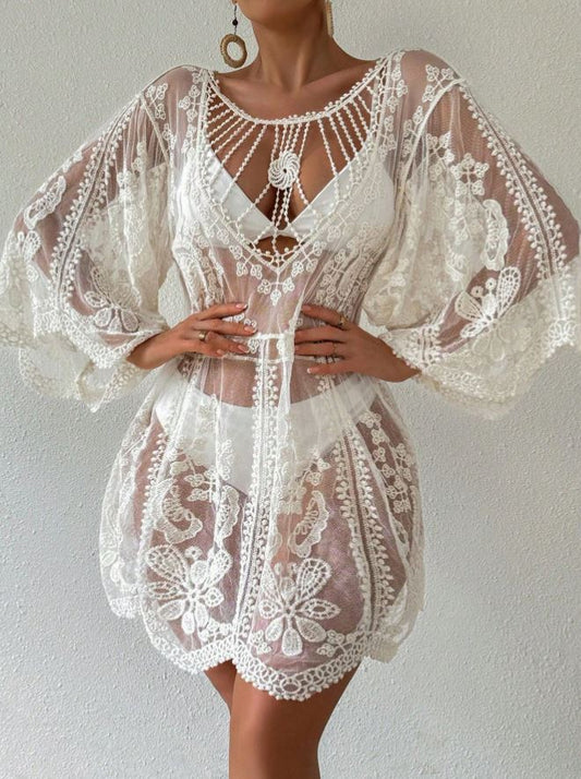 floral embroidery mesh cover-up