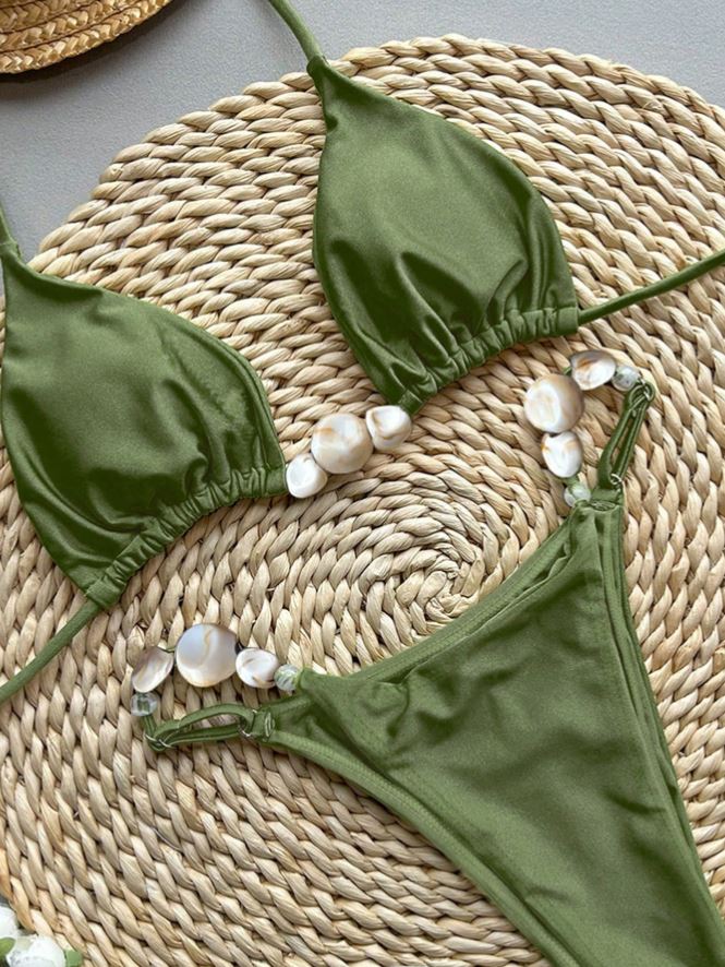olive beaded stone bikini set