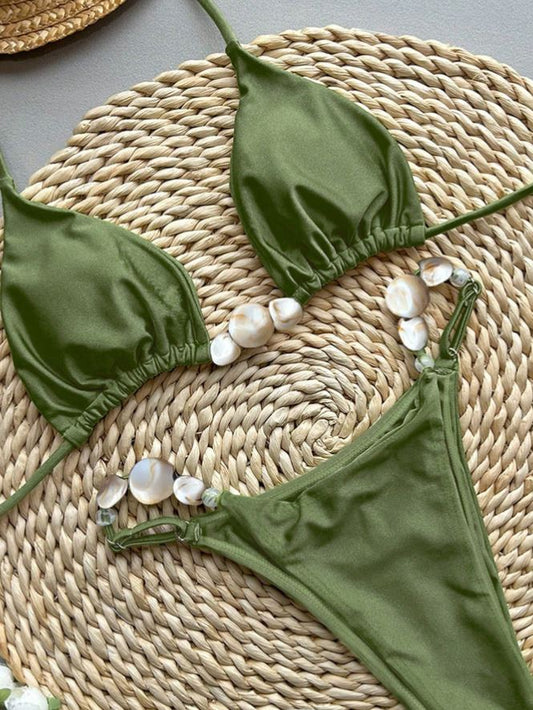 olive beaded stone bikini set