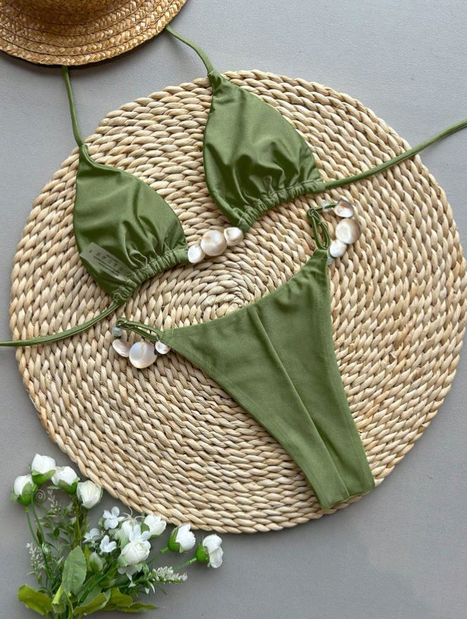 olive beaded stone bikini set