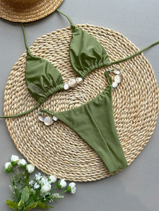 olive beaded stone bikini set