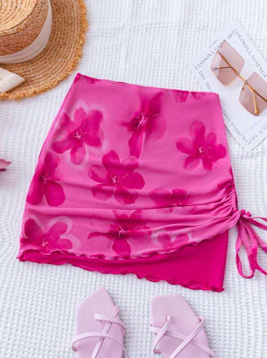 floral mesh ruched mini skirt