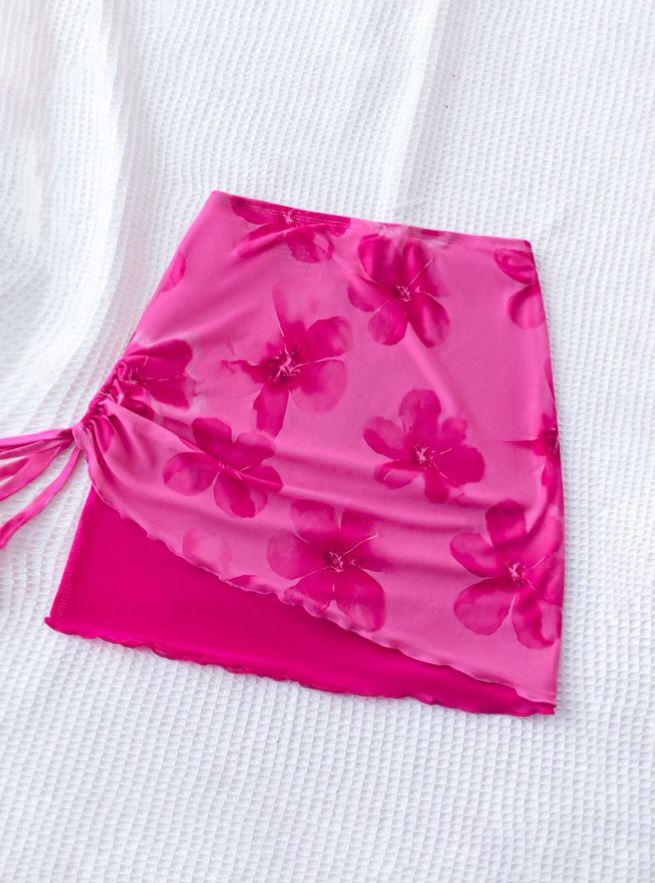floral mesh ruched mini skirt